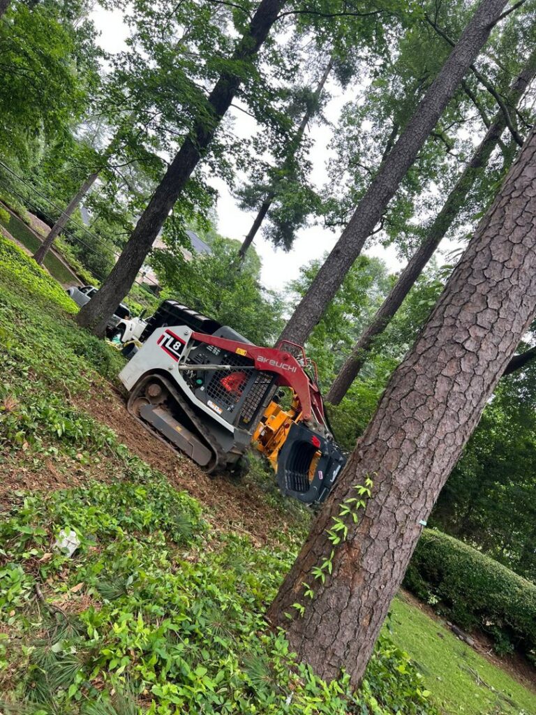 A skid steer with an attachment, used for tree service work by Elegant Tree Service in Atlanta, GA.