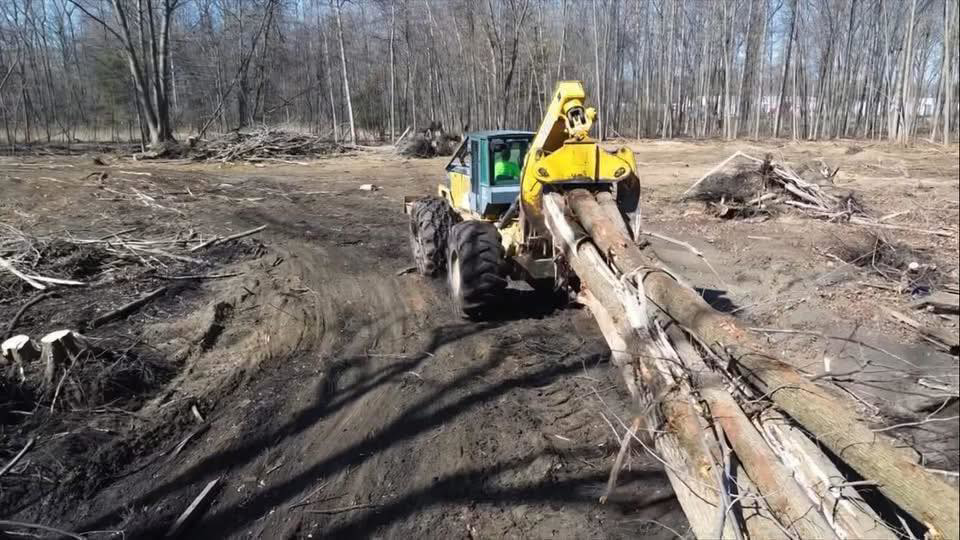 A skidder moving large tree logs during a tree removal job by Upper Cut Tree Service, LLC in Williamston, MI