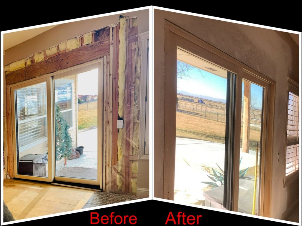 Before and after of a sliding door installation by Mr. Handyman of Boise, Meridian and Nampa in Nampa, ID.