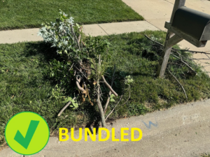 A small pile of bundled yard debris, including branches, ready for collection by D&D Refuse Inc. in Lincoln, NE.