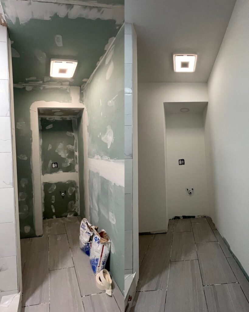 Before and after of a small room renovation, including drywall, painting, and new flooring by PTA Construction INC. in Jersey City, NJ.