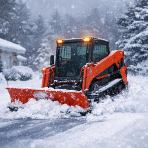 An orange skid-steer loader actively plowing snow, a service offered by Tharp's Roofing & Construction in Owensboro, KY.