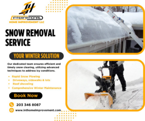 A person clearing snow from a driveway with a snow blower, showcasing snow removal services by International Home Improvement LLC in Marion, IN.