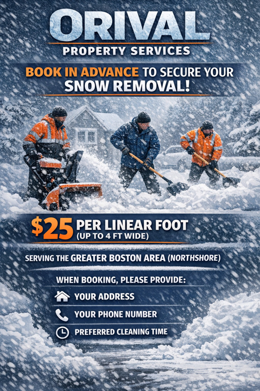 Workers providing professional snow removal service for Orival Property Services in Boston, MA.