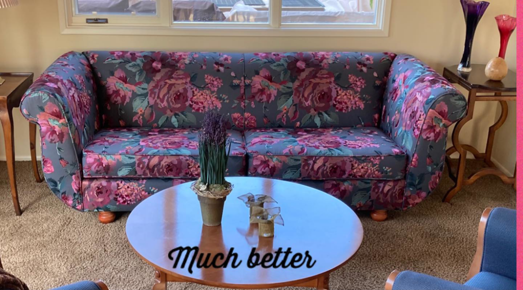 The same sofa after a beautiful upholstery makeover with a floral pattern by Brian Hall Undercutters Upholstery and Handyman Services LLC in Anchorage, AK.