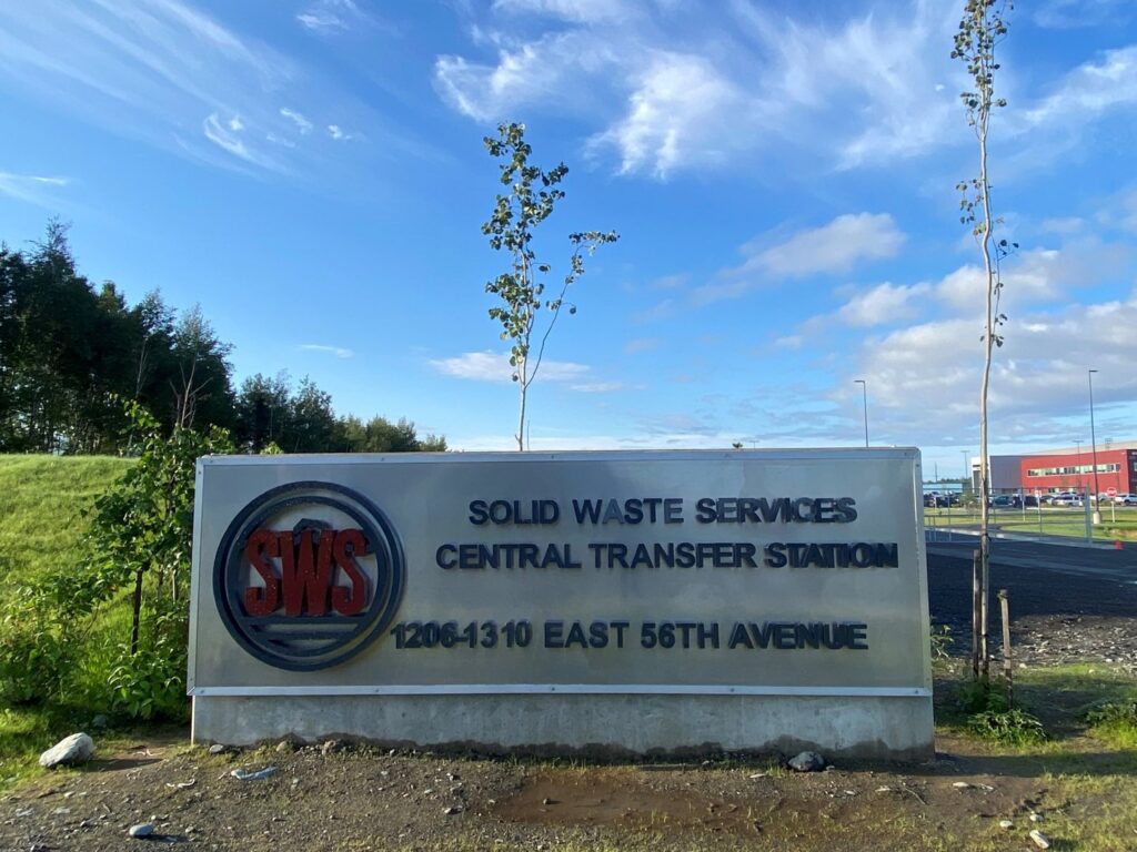 A sign for the Solid Waste Services Central Transfer Station in Anchorage, AK.