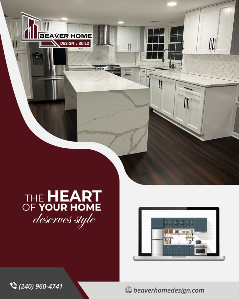 A spacious kitchen remodel featuring a large island, white cabinets, and dark wood floors by Beaver Home Design + Build in Maryland, VA, DC.