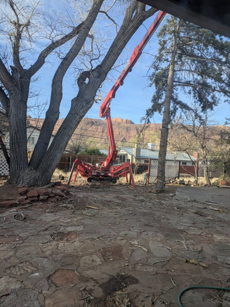 A red spider lift, specialized tree service equipment from My Tree Guys, LLC, positioned in a backyard in Salt Lake City, UT.