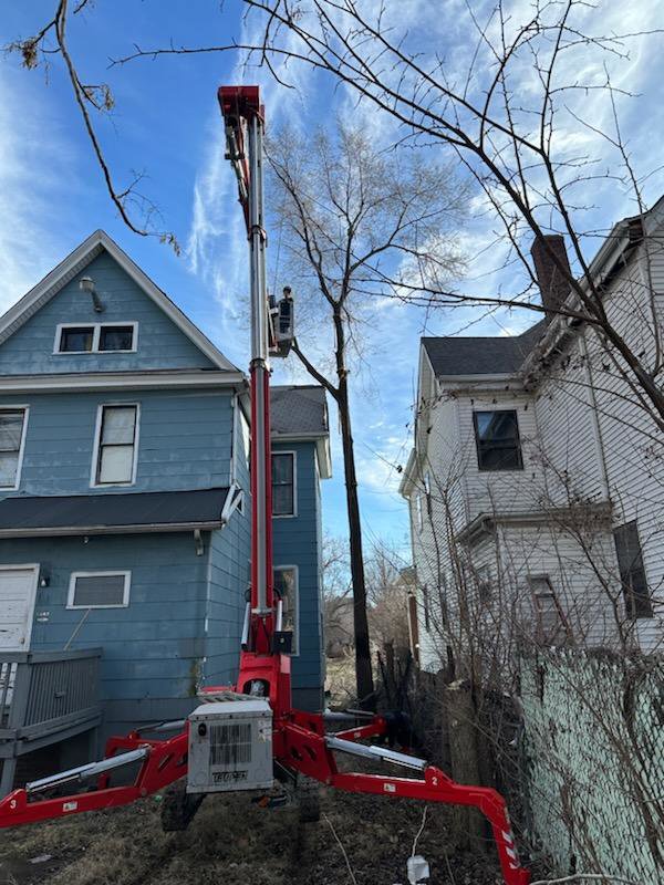 A Teupen spider lift with a worker trimming a tall tree between two houses for Aim To Tame tree service in Peoria, IL.