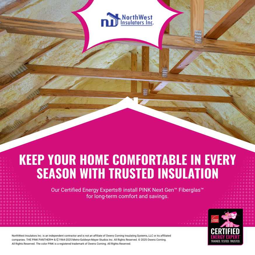 Close-up of spray foam insulation applied in an attic or roof structure by Northwest Insulators Inc in Salem, OR.