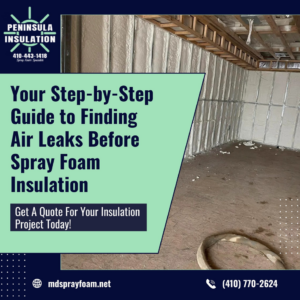 Spray foam insulation applied to walls and ceiling joists by Peninsula Insulation, LLC in Easton, MD.