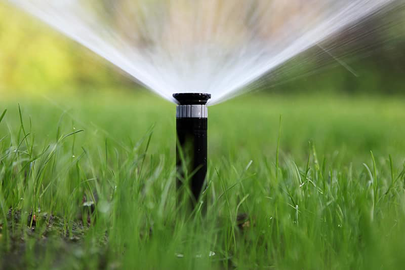 A sprinkler head actively spraying water on green grass, showcasing irrigation services by Water Wizards Irrigation, Inc. in Enid, OK.