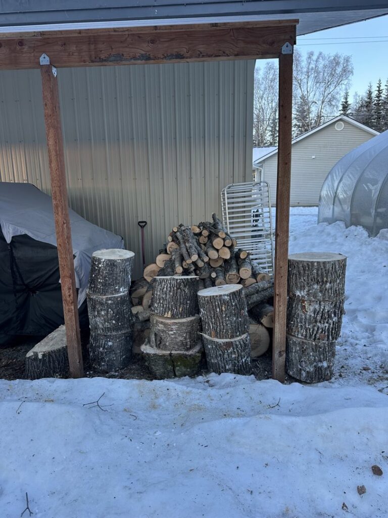 A pile of stacked firewood and tree logs, indicating tree service debris from Northern Treefolk LLC in Anchorage, AK.