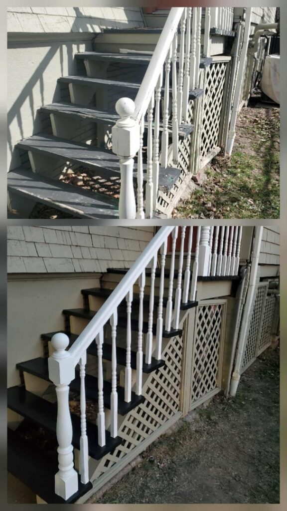 Before and after photos of stair and railing painting, a home improvement service by Honeycomb Handyman Services in Salt Lake City, UT.