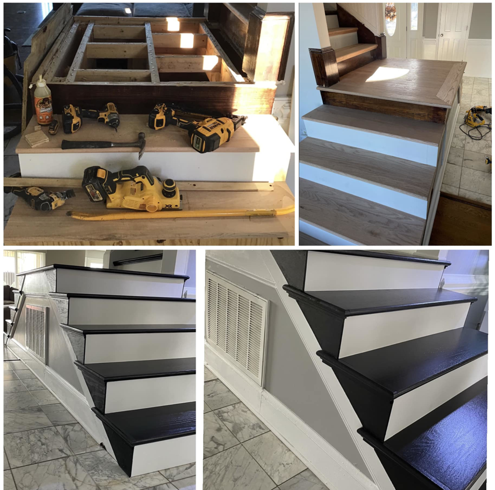 A collage showing the construction process of a new staircase with tools, performed by Unto GOD's Kingdom Builders in Mint Hill, NC.