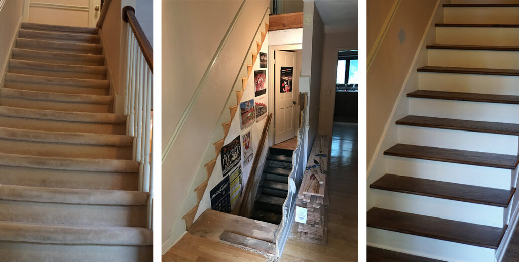 Before and after collage showing a carpeted staircase transformed with new hardwood treads by Nelson Hardwood Flooring in Madison, WI.