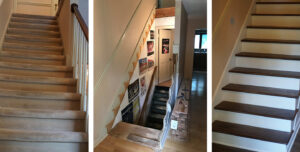 Before and after collage showing a carpeted staircase transformed with new hardwood treads by Nelson Hardwood Flooring in Madison, WI.