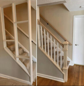 Before and after view of a staircase railing renovation completed by Amaro home improvement llc in Danbury, CT.