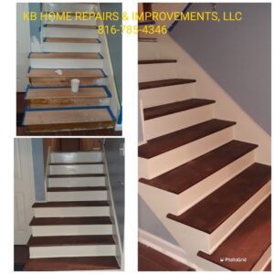 Before and after collage of a staircase renovation, showing new dark wood treads and white risers installed by KB Home Repairs & Improvements, LLC in Shawnee, KS.