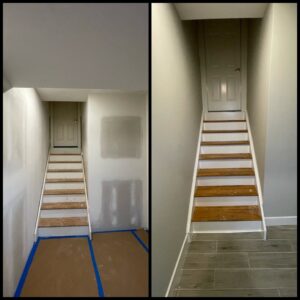 Before and after of a staircase renovation, including drywall, painting, and stair finishing by PTA Construction INC. in Jersey City, NJ.