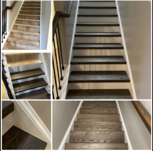 Before and after collage of a staircase renovation from carpet to hardwood treads by Unto GOD's Kingdom Builders in Mint Hill, NC.