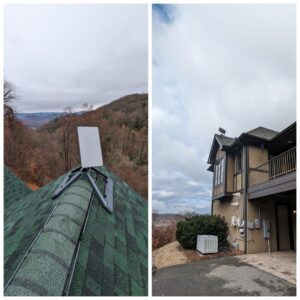 A Starlink satellite dish professionally installed on a roof with a scenic mountain view by WX2 Tech in Asheville, NC.