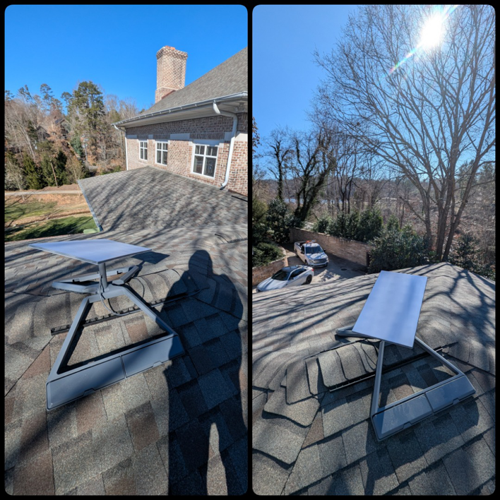 Starlink satellite dish being installed on a residential roof by WX2 Tech in Asheville, NC.