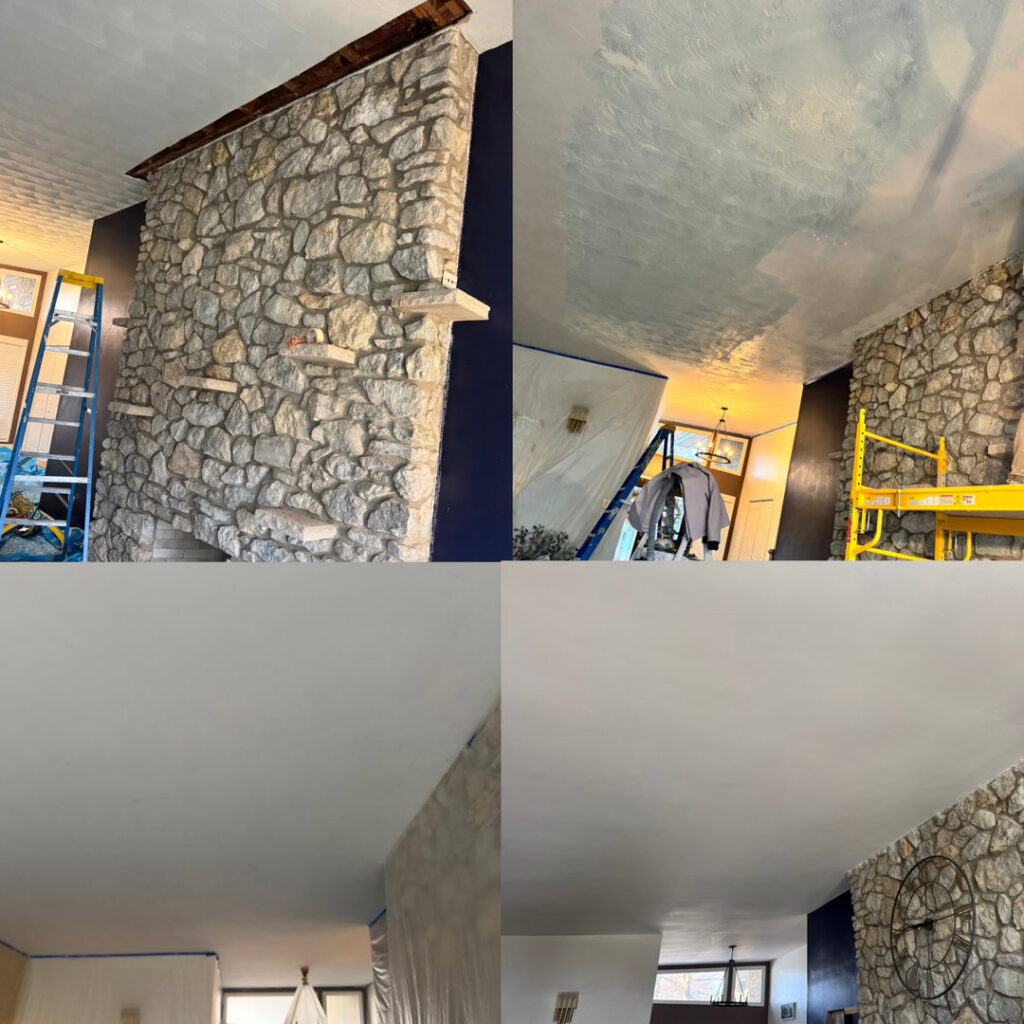 Stone fireplace and ceiling painting during a renovation by Tj Drywall & Finishing LLC in Fort Wayne, IN.