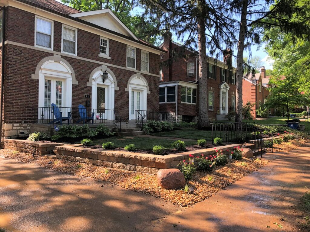 Newly constructed stone retaining walls and steps by Rescue Landscaping and Outdoor Living in St. Louis, MO