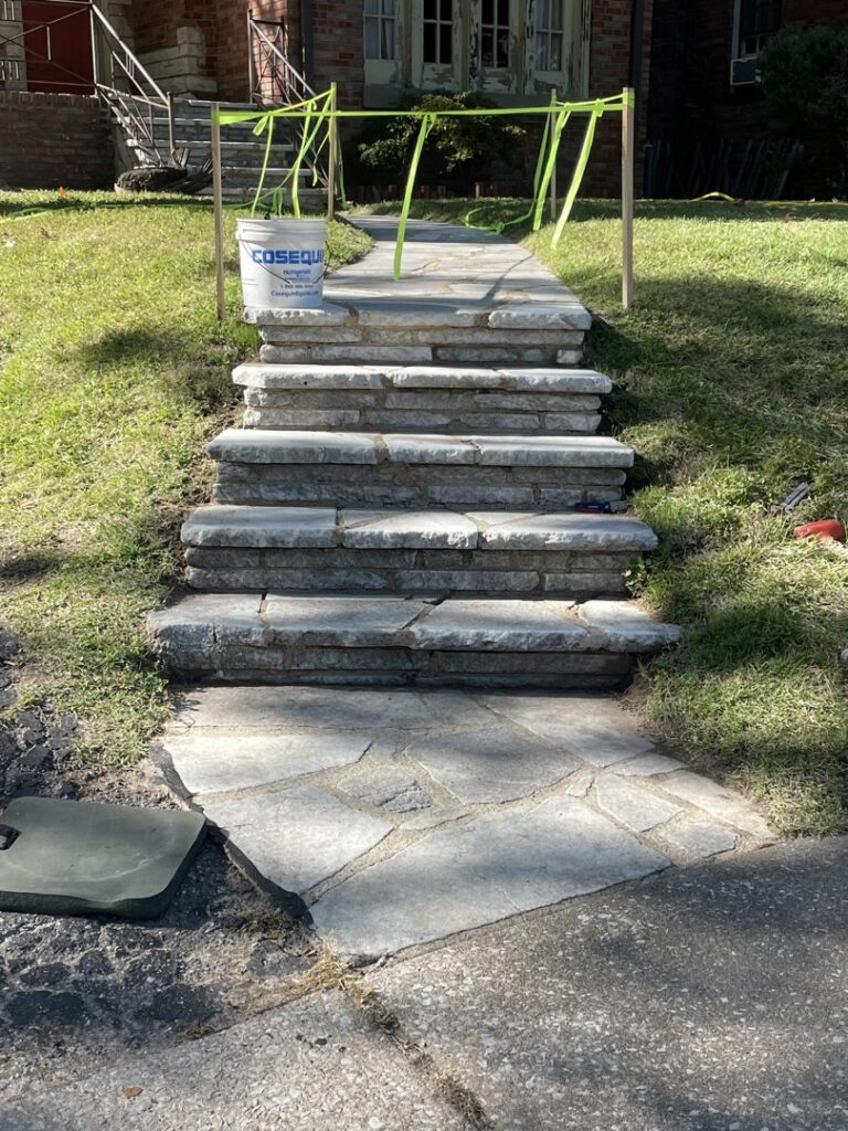 Stone steps undergoing repair and construction by Concrete Crack Repair and Sealer - DrivewayDr.com in Saint Louis, MO.