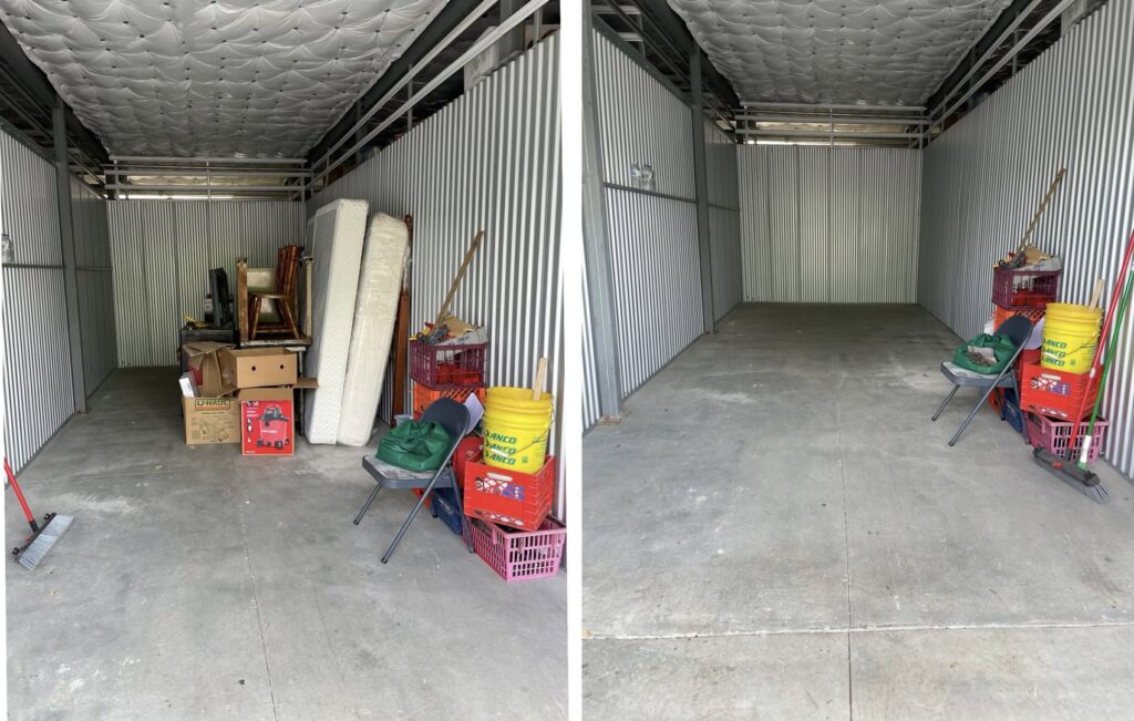 Before and after view of a storage unit cleanout, showing successful junk removal by Anywhere Dumpster Rental in Bolingbrook Area, IL.