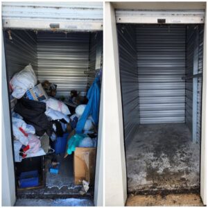 Before and after comparison of a storage unit, showing it completely emptied by Missoula Junk Removal, LLC in Missoula, MT.