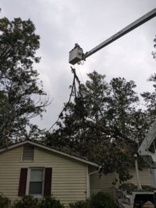 A tree service worker in a bucket lift removing a large tree branch over a house, likely storm damage, by GNC Tree Service, LLC in Columbia, SC.