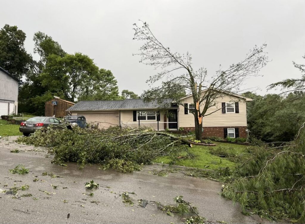 Extensive storm damage with fallen tree branches around a house, requiring cleanup by Elite Tree Service in Knoxville, TN.