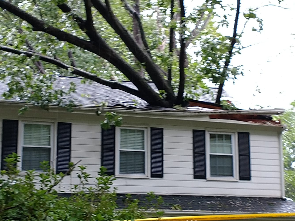 A house with a large tree fallen onto its roof, requiring repair services from Rampro Construction in Rock Hill, SC