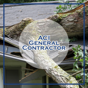A large tree fallen on a house roof, indicating storm damage repair services by ACI - General Contractor in Montgomery, IL.