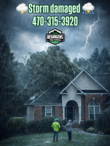 A large storm-damaged tree fallen on a house, requiring emergency service from Resurgens Tree Service in Flowery Branch, GA.