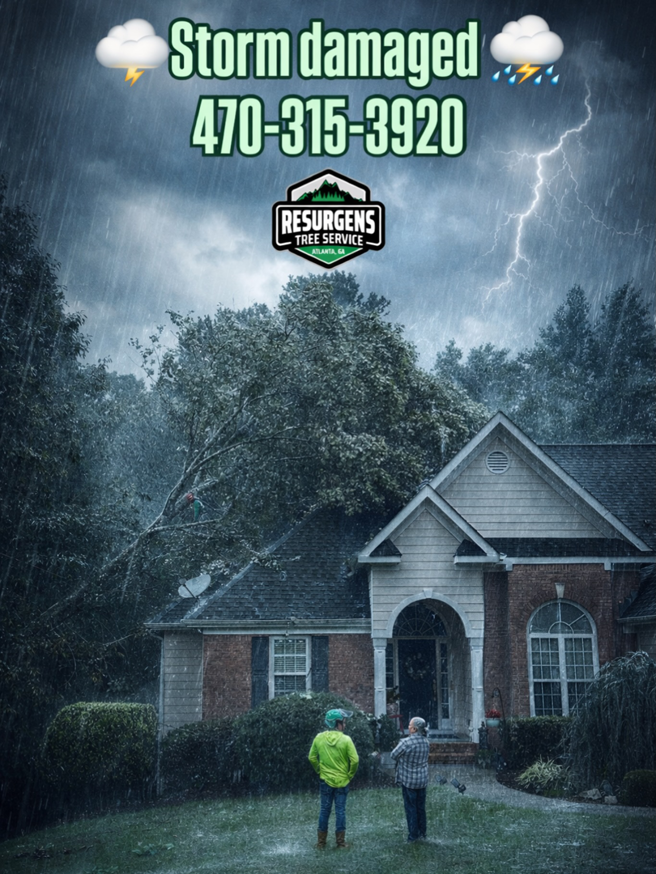 A large storm-damaged tree fallen on a house, requiring emergency service from Resurgens Tree Service in Flowery Branch, GA.