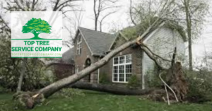 A storm-damaged tree fallen on a house, indicating emergency tree service from Top Tree Service Company in Decatur, GA.