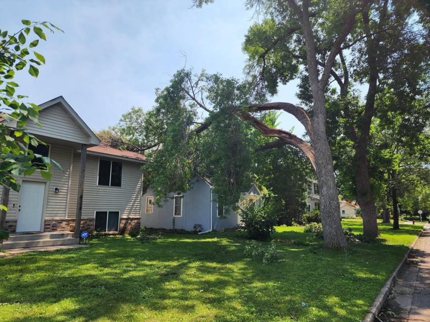 A large storm-damaged tree branch fallen on a house, requiring tree service from Precision Landscape and Tree in Little Canada, MN.
