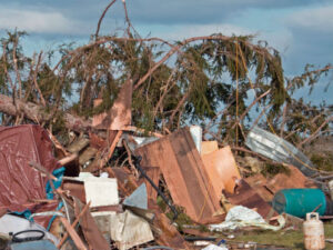 A large pile of storm debris including fallen trees, wood, and damaged items, requiring cleanup by Trashouts Junk Removal in Pembroke Pines, FL.