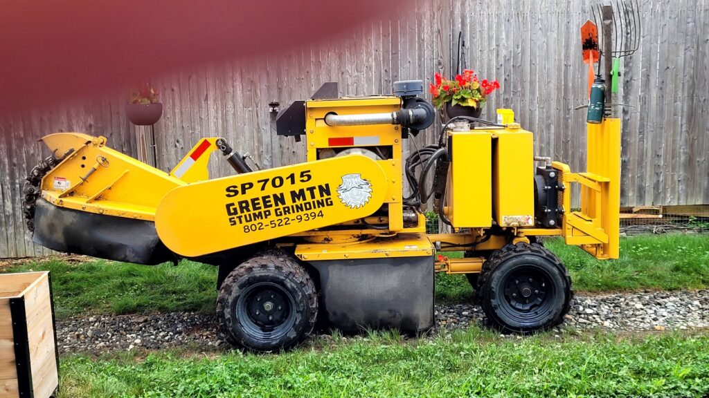 A Green Mtn Stump Grinding machine next to a pile of wood chips and a partially ground stump in Montpelier, VT.