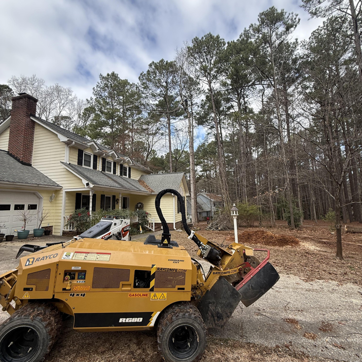 A professional stump grinder operating on a residential property by GVM Tree Service in Raleigh, NC.