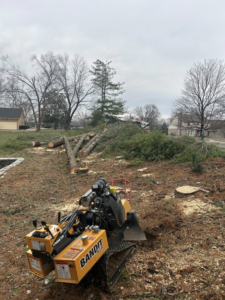 A stump grinder actively working on a tree stump at a tree removal site by B&D Tree Service and Landscaping in Dallas, TX.