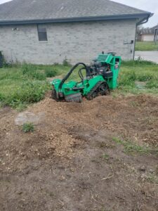 A green stump grinder actively working on a tree stump, demonstrating services by C & N Tree Service in Corpus Christi, TX.