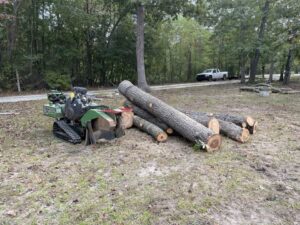 A stump grinder next to a pile of logs, showcasing tree service equipment from Triad Tree Removal LLC in Greensboro, NC.