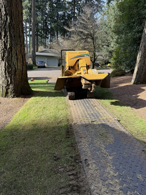 A professional stump grinder machine on protective mats, ready for service by Reyes Tree Service LLC in Vancouver, WA.