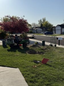 A stump grinder machine in a residential yard, with wood chips and a shovel, performing stump removal for Double J Tree Service, LLC in Meridian, ID.