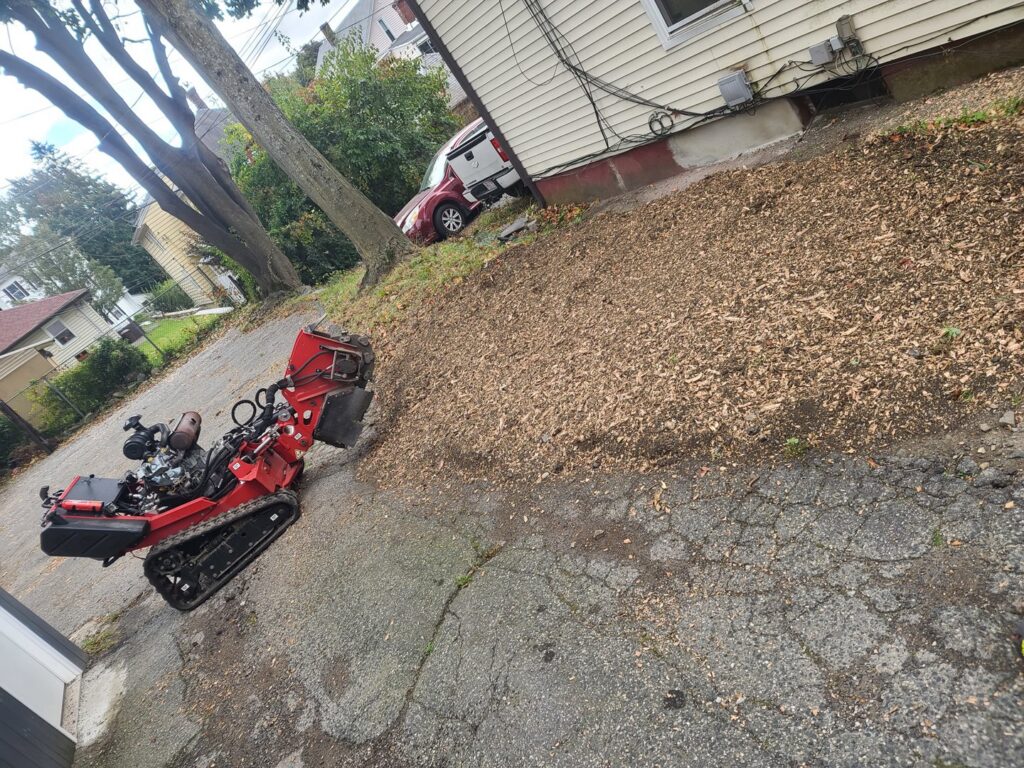 A red stump grinder on an asphalt driveway next to a pile of wood chips, indicating a completed stump grinding service by Grin & Grind Stump Removal LLC in Worcester, MA.
