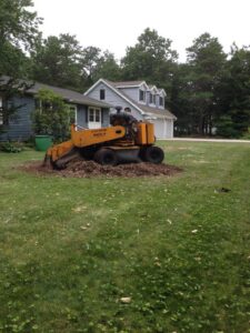 A powerful stump grinder actively removing a tree stump in a residential yard for Toms River Tree Service, LLC in Toms River, NJ.
